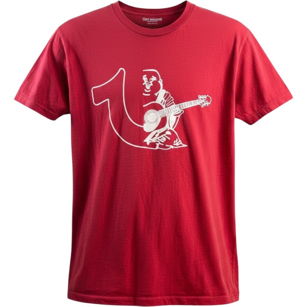 Y2K True Religion Mens Red Buddha Guitar Graphic T-Shirt XL Short Sleeve Cotton